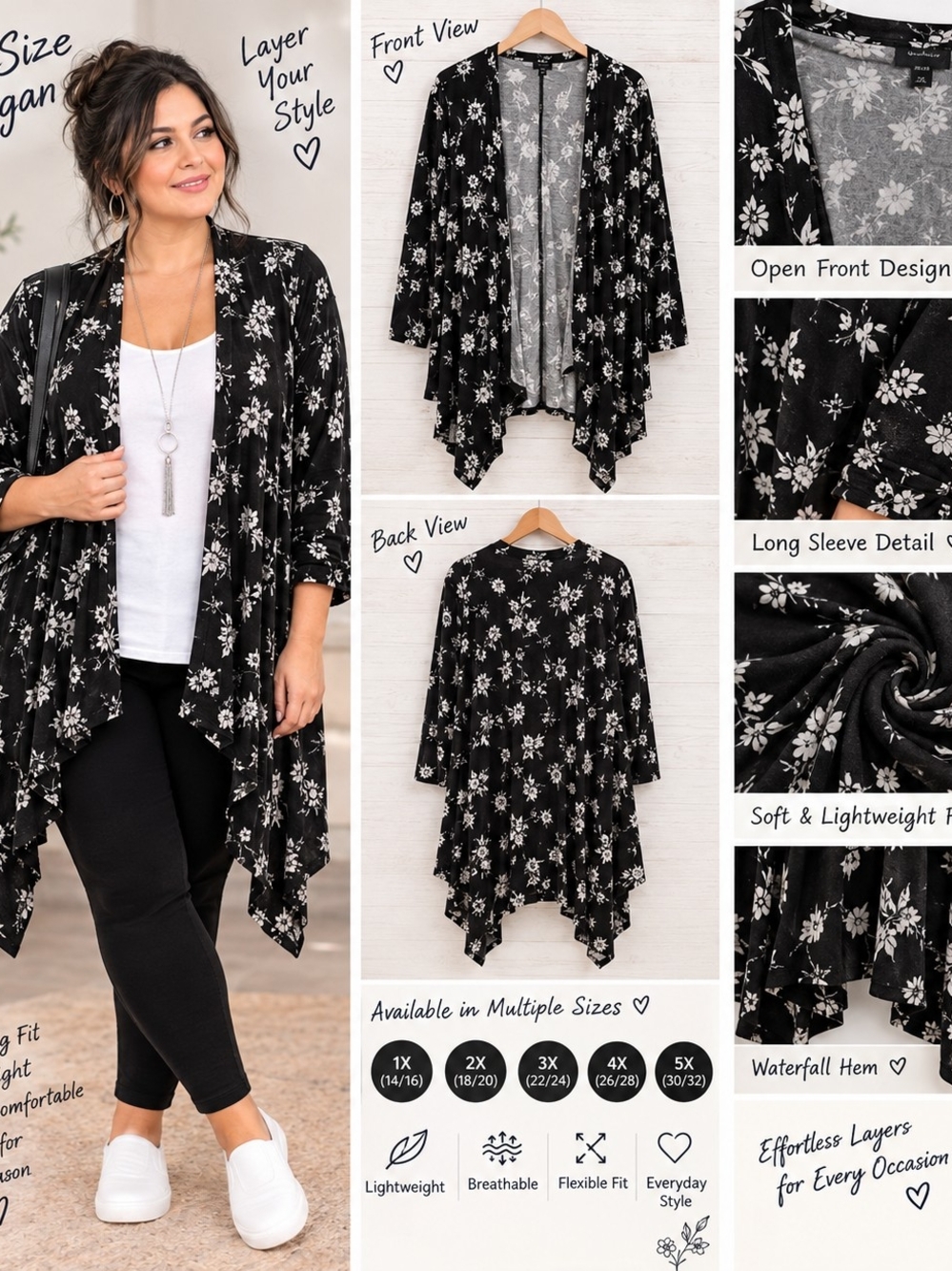 Lane Bryant Black Floral Open-Front Waterfall Cardigan 18/20